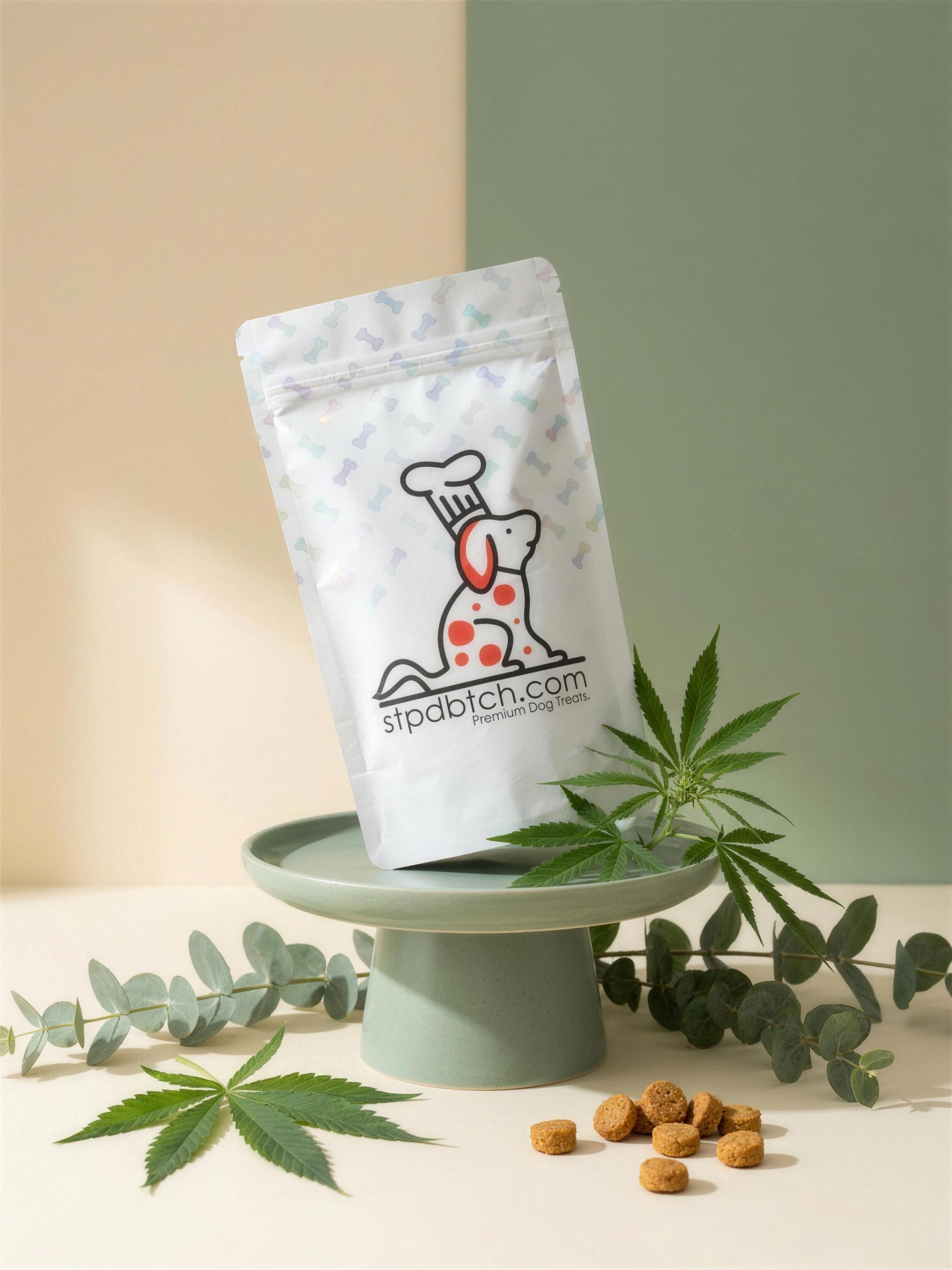 STPDBTCH.COM Premium CBD Dog Treats pouch — chef-dog logo, pastel bone pattern, on a sage-green pedestal in a calm botanical studio set